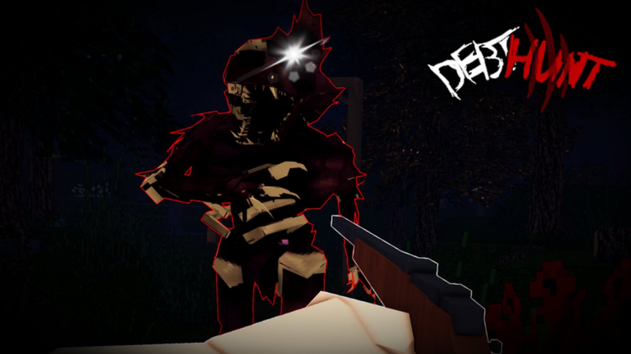 First-person view aiming a weapon at the Debt Hunt wolf monster in a dark forest