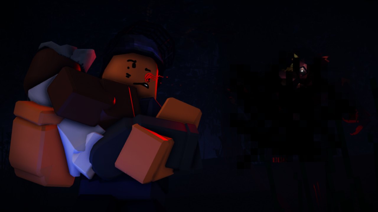 A wounded Roblox avatar carrying a teammate while the wolf hunts in the dark